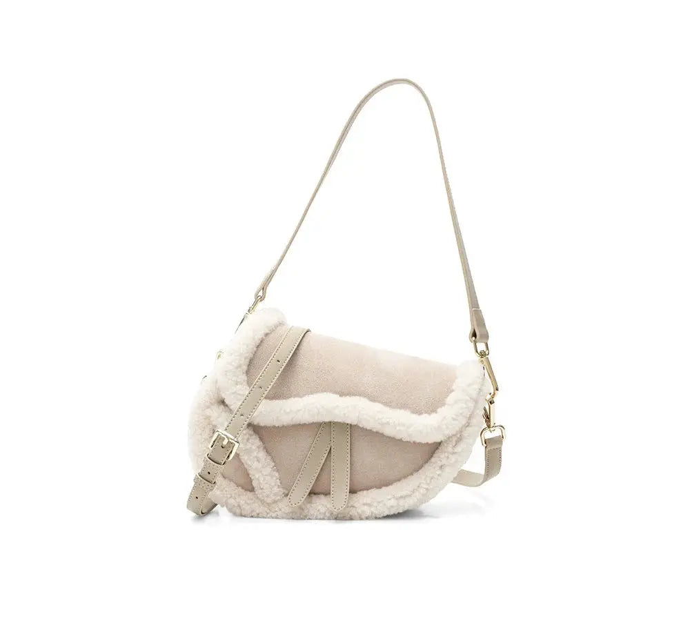 Premium UGG Women Fluffy Wool Adjustable Strap Over Shoulder Saddle Bag InflSelection