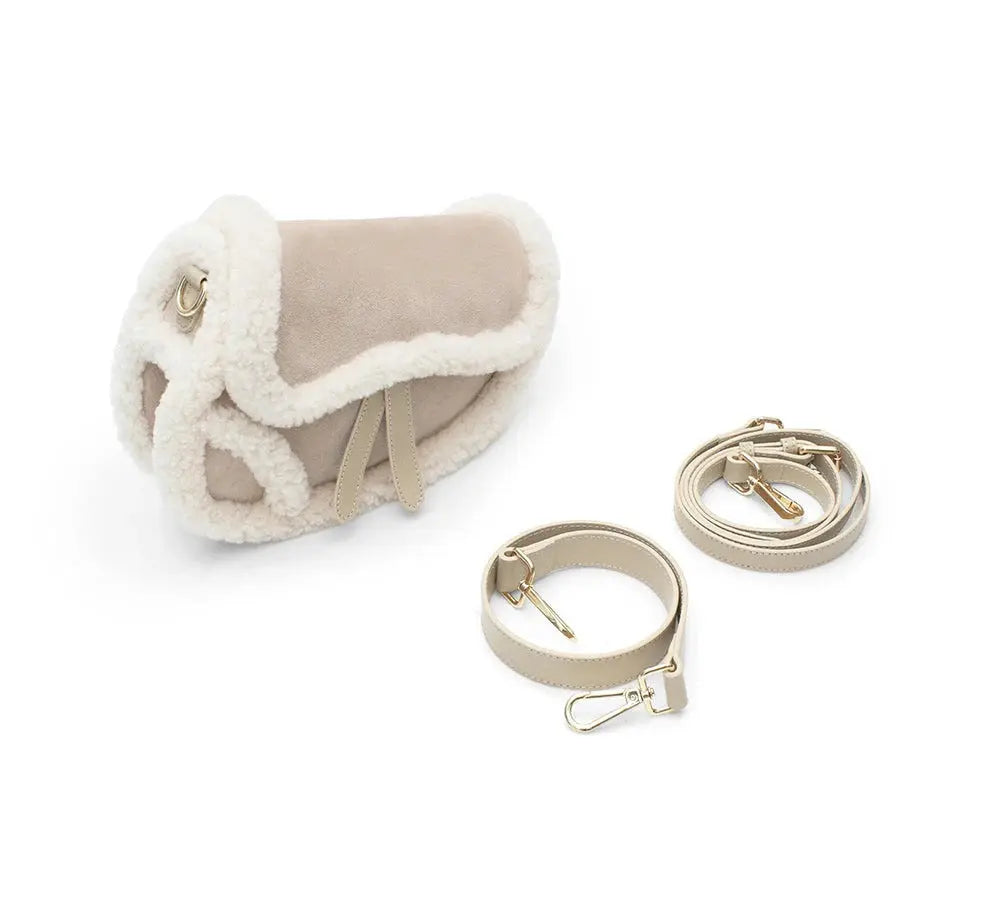 Premium UGG Women Fluffy Wool Adjustable Strap Over Shoulder Saddle Bag InflSelection