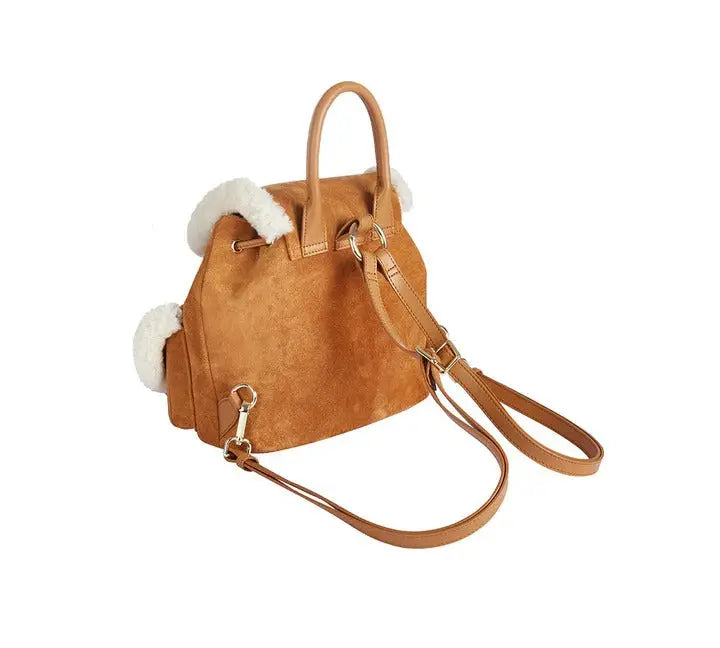 Premium UGG Women Fluffy Wool Adjustable Strap Drawstring Charlie Backpack InflSelection