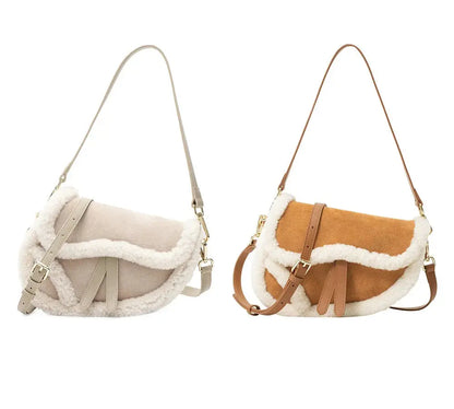 Premium UGG Women Fluffy Wool Adjustable Strap Over Shoulder Saddle Bag InflSelection
