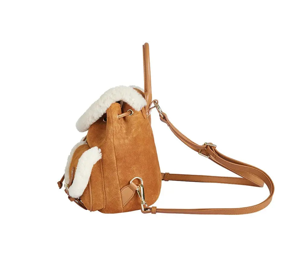 Premium UGG Women Fluffy Wool Adjustable Strap Drawstring Charlie Backpack InflSelection