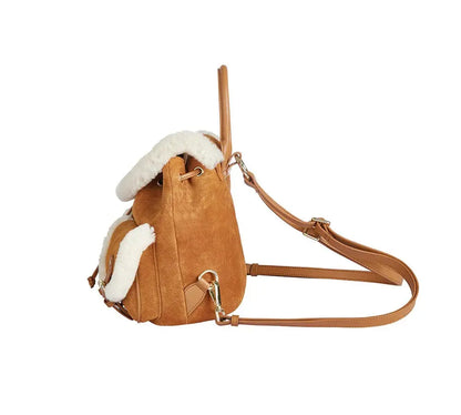 Premium UGG Women Fluffy Wool Adjustable Strap Drawstring Charlie Backpack InflSelection